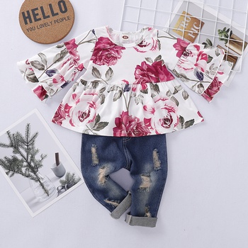 Baby / Toddler Ruffled Floral Allover Top and Ripped Jeans Set